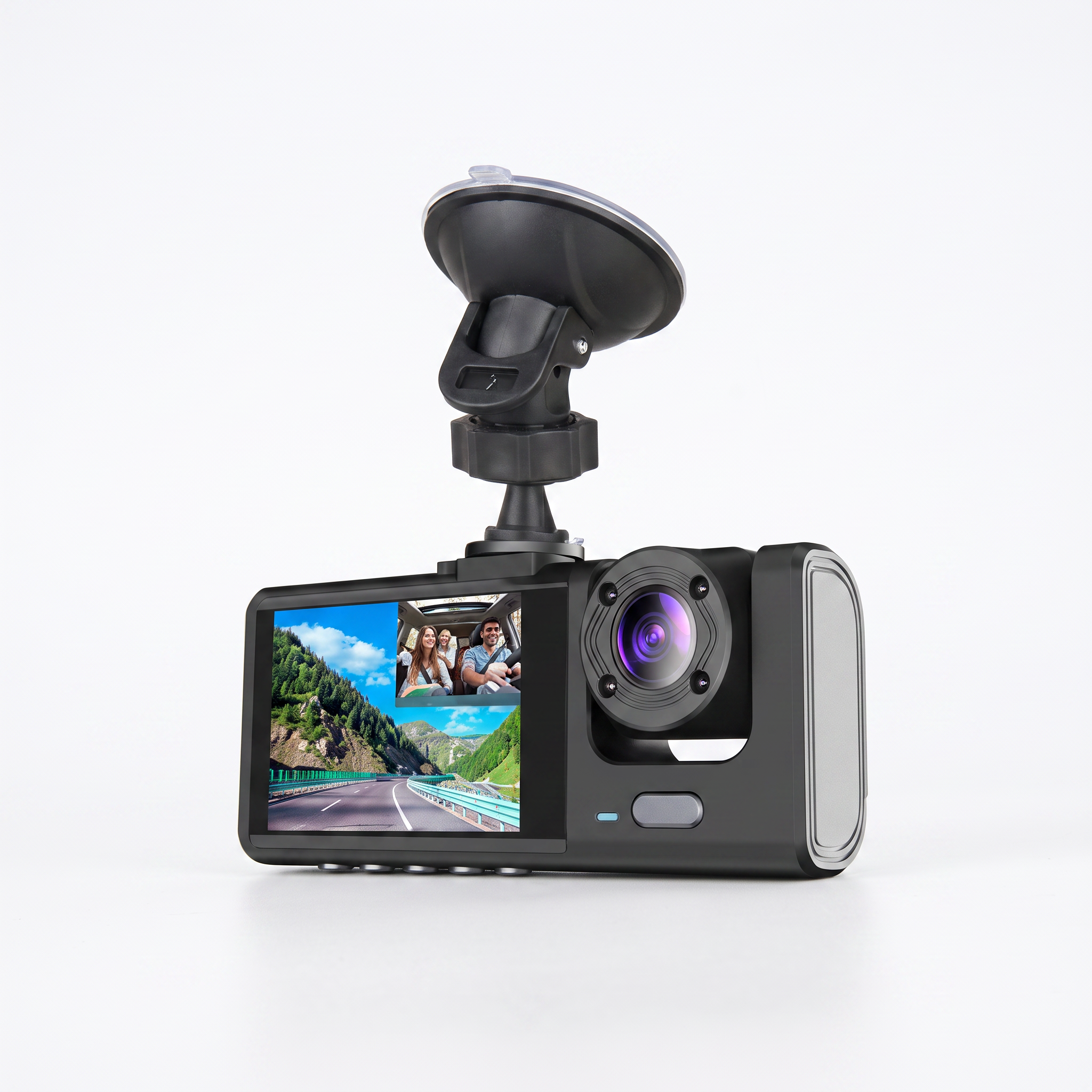 3-Channel Dash Cam, 1080p front, interior and rear, on a white background