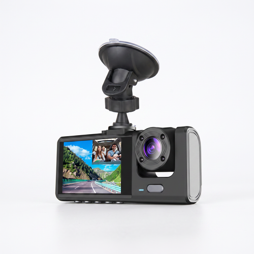 3-Channel Dash Cam, 1080p front, interior and rear, on a white background